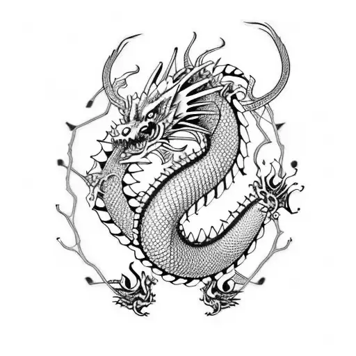 Japanesse Dragon Whit Salura And Blood Flowers