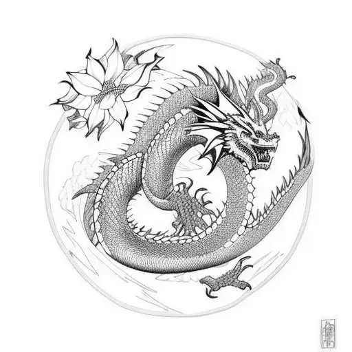 Japanesse Dragon Whit Salura And Blood Flowers