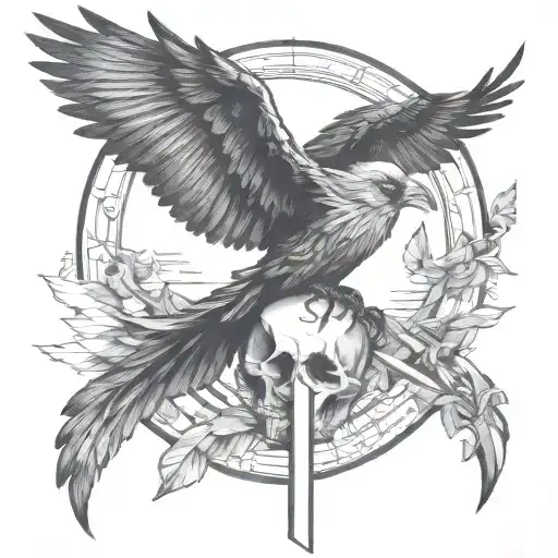 Raven Holding A Skull Flying Away Surrounded By Geometric Sun And Clouds