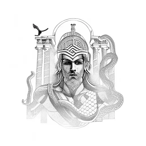 Greek God With Architechture Around Them With Some Birds A Snake And Some Firwe