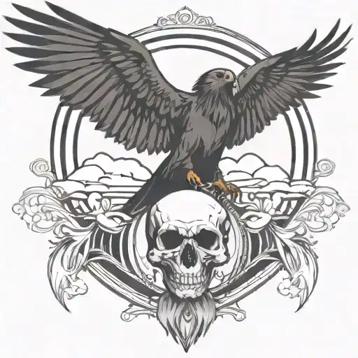 Raven Holding A Skull Flying Away Surrounded By Rolling Wind And Clouds