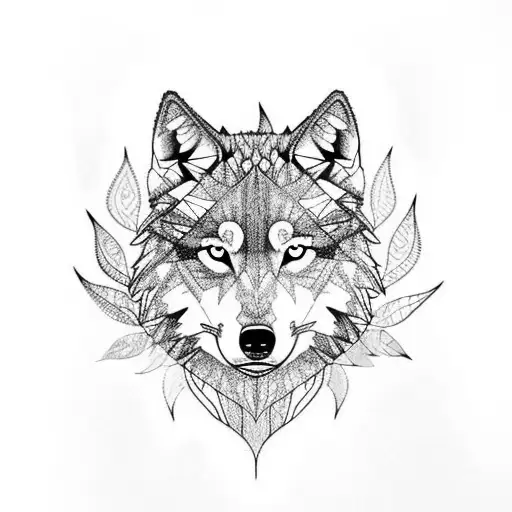 Abstract Wolf Side Made Up Of Leaves