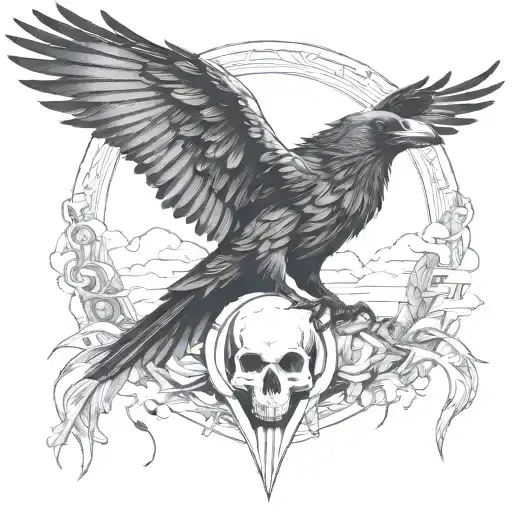 Raven Holding A Skull Flying Away Surrounded By Rolling Wind And Clouds