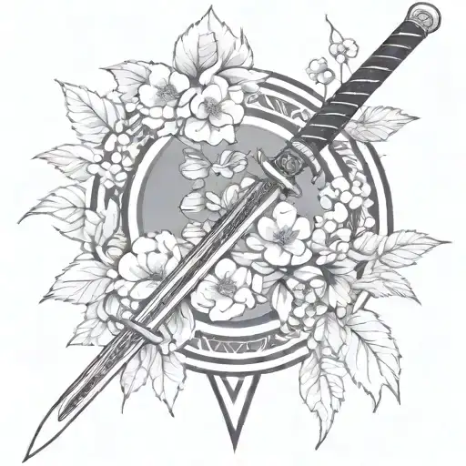 Katana With Cherry Leaves And Flowers
