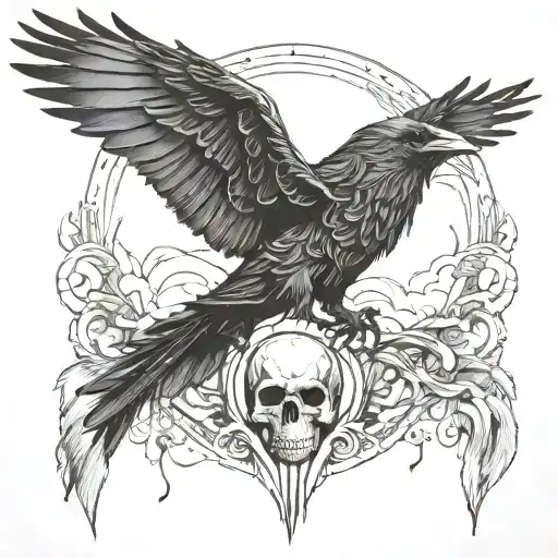 Raven Holding A Skull Flying Away Surrounded By Rolling Wind And Clouds