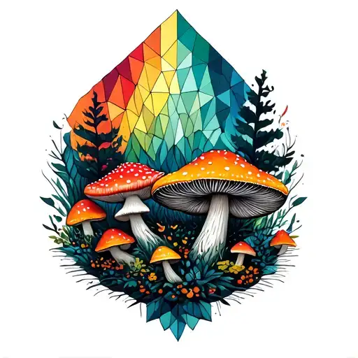Geometric Forest And Amanita Mushrooms Geometric Mandala Rainbow Background Black Lines