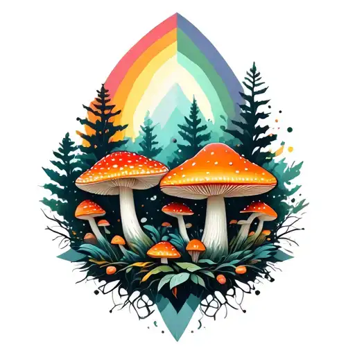 Geometric Forest And Amanita Mushrooms Geometric Mandala Rainbow Background Black Lines