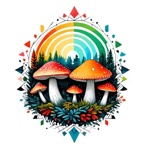 Geometric Forest And Amanita Mushrooms Geometric Mandala Rainbow Background Black Lines