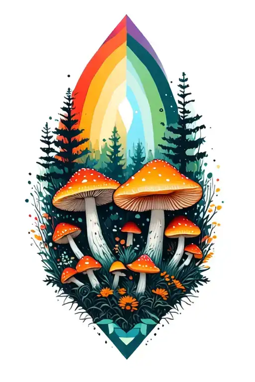 Geometric Forest And Amanita Mushrooms Geometric Mandala Rainbow Background Black Lines