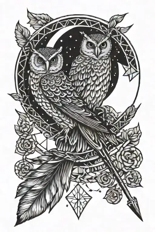 Arrow And Owls Sitting On Crescent Moon Merging Together
