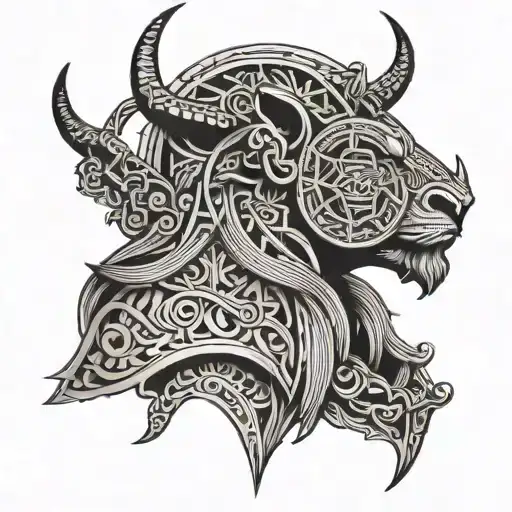 Nordic Tattoo With A Female Viking And Some Viking Symbols