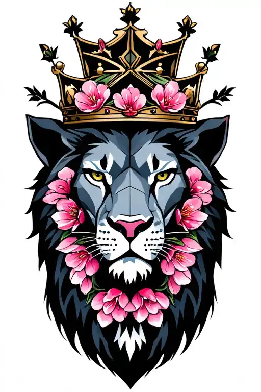 Crowned Lion Head With Cherry Blossom
