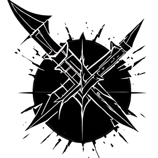 Broken Sword In Multiple Pieces Point Down With Motion Lines And Other Geometric Shapes And Sybols