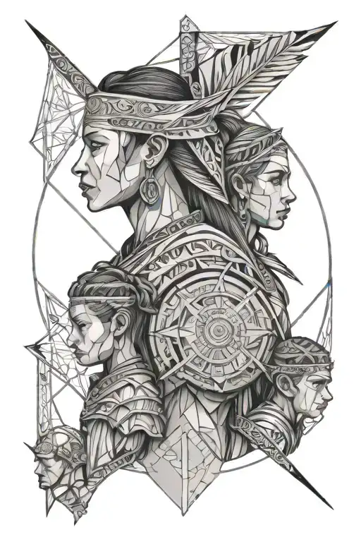 Warrior Mother Protects Her Two Male Children Front Shot And Background Elements