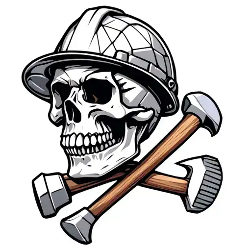 Skull Wearing Miners Hard Hat With Crossed Hammers Below The Skull