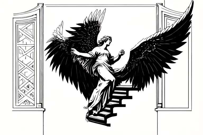 Angel Falling From Heavens Gates With Stairs