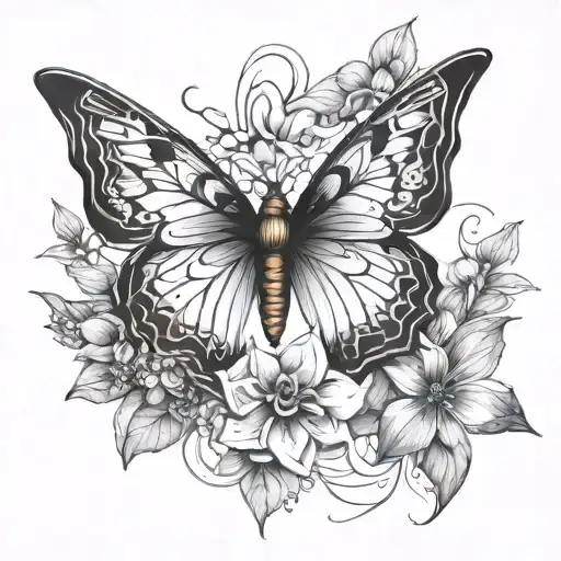 Sketch Of A Butterfly Tattoo With A Small Flower Arrangement In Black And White Colors