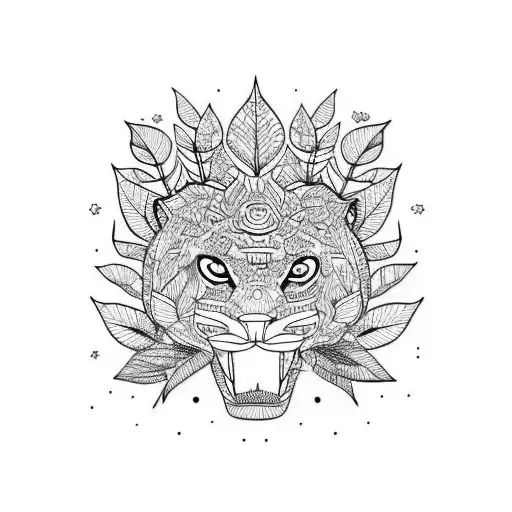 Jungle Leaves With Jaguar Aztec At Night