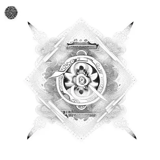 Dotwork Tattoo Of A Yin Yang Symbol Composed Of Drumsticks And Samurai Swords