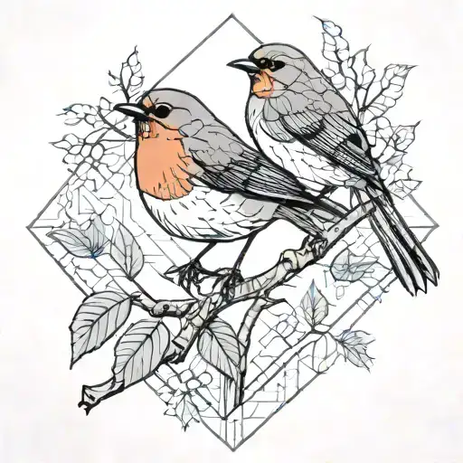 Birch Tree And Robin Singing Bird Perched