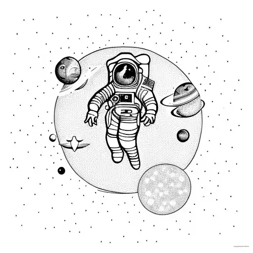 An Astronaut Floating With Planets And Stars With A Moon To Go On The Forearm