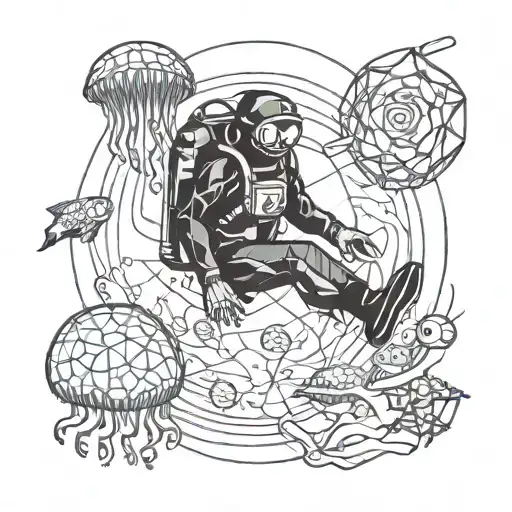 Scuba Diver And Jelly Fish Swimming