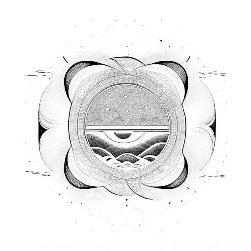 Sun Mountains And Waves In A Cicular Shape