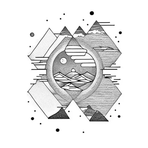 A Minimalist Tattoo Of A Scandinavian Landscape With A Vinyl Record As The Sun