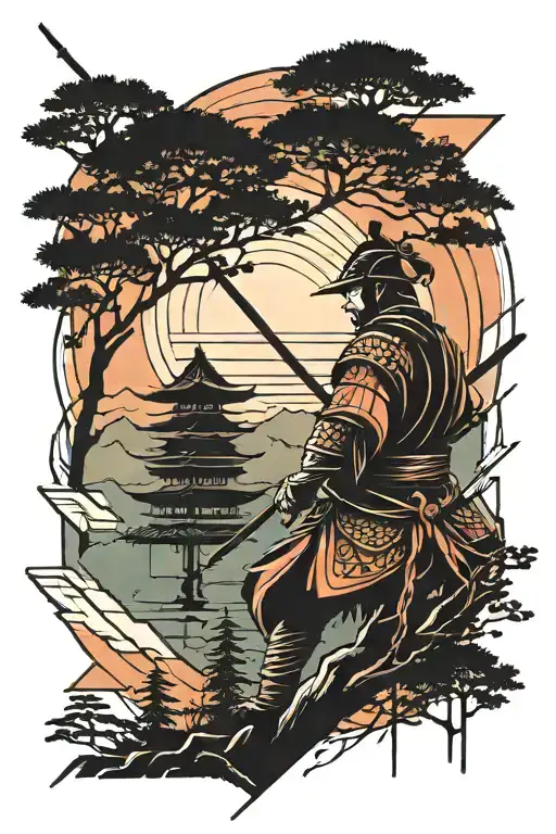 Samurai And Trees Colors Sunset