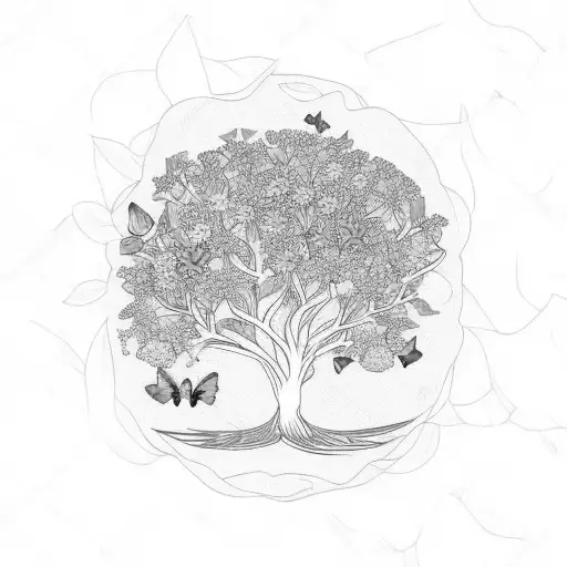 Tree Surrounded By Various Flowers The Butterfly Could Rest On One Of The Flowers