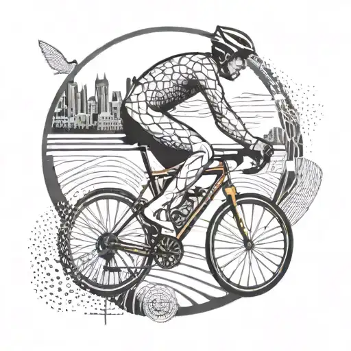 A Dotwork Design Of A Cyclist Racing Through A Circuit With The Tisza River In The Background