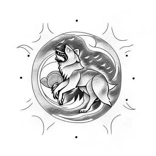 A Minimalist Tattoo Of A Wolf Howling At A Sea Wave With The Sun And Moon Yinyang As Background