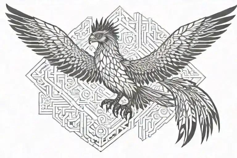 A Fire Phoenix Rising From The Fire With A Geometric Background