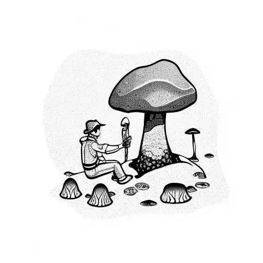 Wheelchair Specialist Fixing A Wheelchair On A Beach With Psychedelic Mushrooms Growing In The Sand