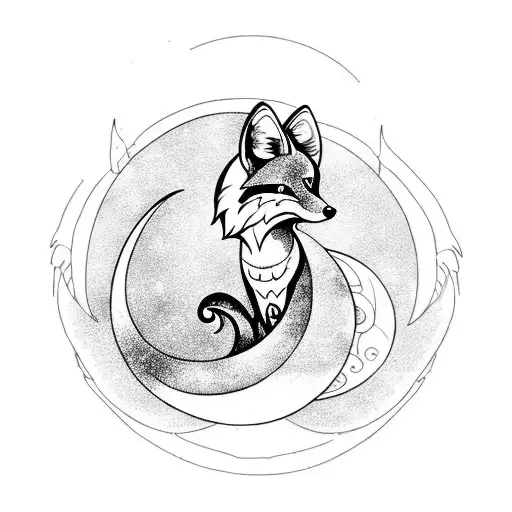 Fox With 3 Tails Sitting Inside A Crescent Moon