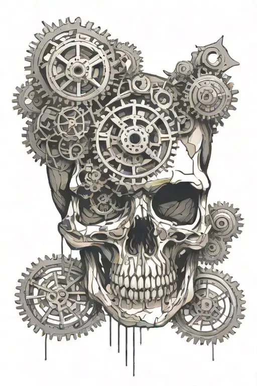 A Skull With Gears On The Upper Part Of The Head Referencing Overthinking