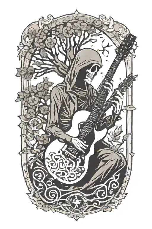 Tree Of Life Growing From Electric Guitar With Grim Reaper Drinking A Coffee