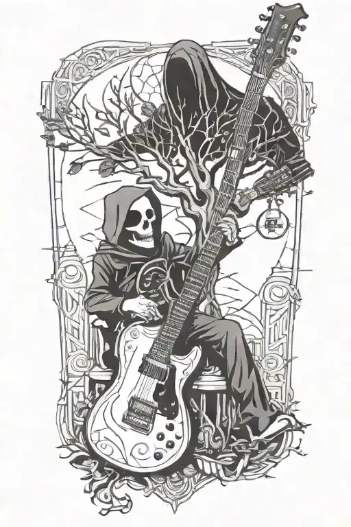 Tree Of Life Growing From Electric Guitar With Grim Reaper Drinking A Coffee