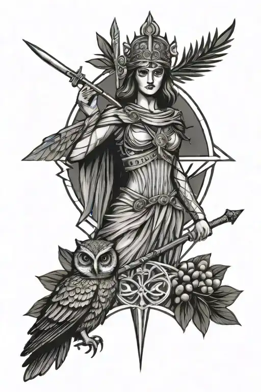 Athena Greek Goddess With Owl And Olive Branch And A Spear Or Sword