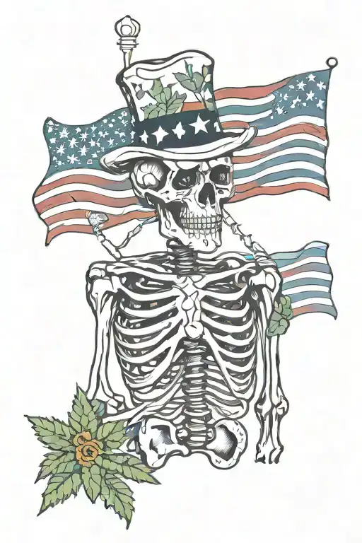 Skeleton Smoking Weed With American Flag Waving