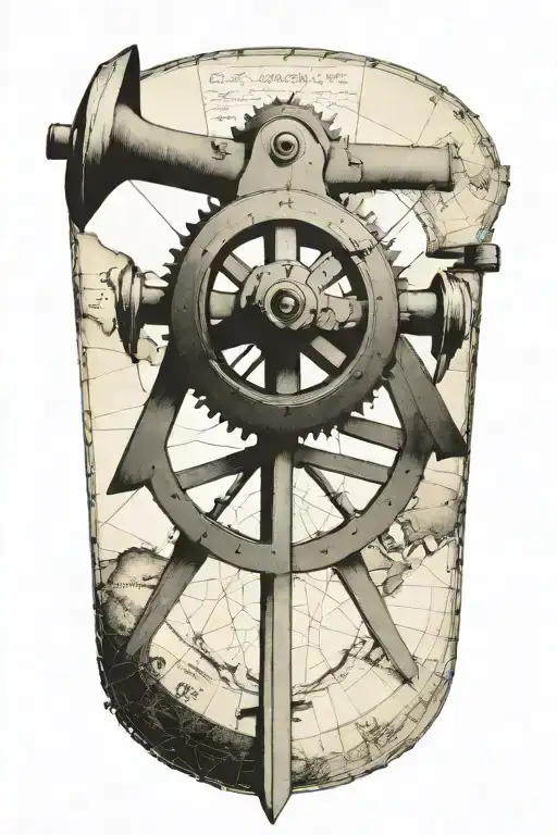Sextant Terchnical Drawing On Faded Ancient Map Without Frame