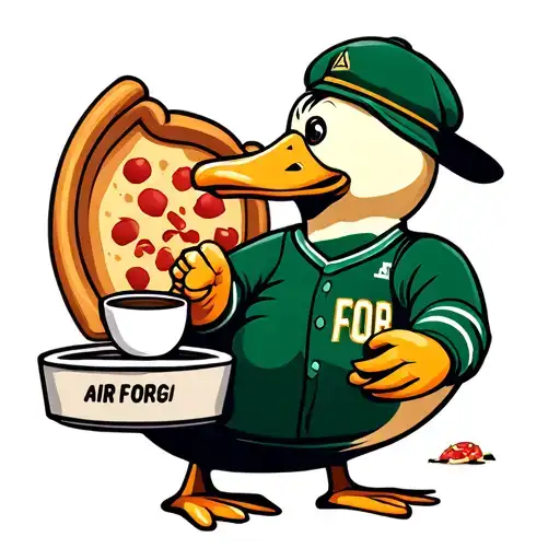 Cartoon Duck Drinking Coffee With Air Force Jersey And Pizza