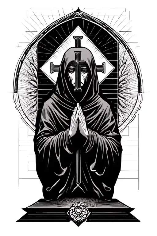 Dark Hooded Figure Praying To A Cross