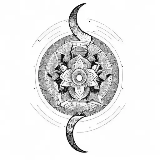 Long And Thin Tattoo With Moon And Lotus And Pheonix