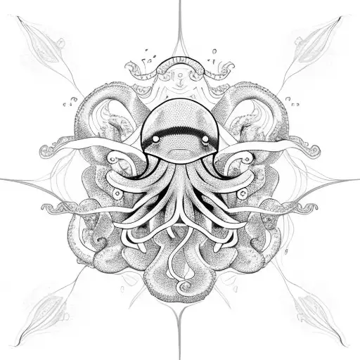 Jellyfish And Octopus Surrounding Turtle And Starfish And Coral