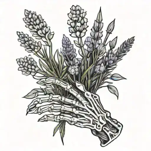 Skeleton Hand Holding A Bunch Of A Lavender Plant By The Stem