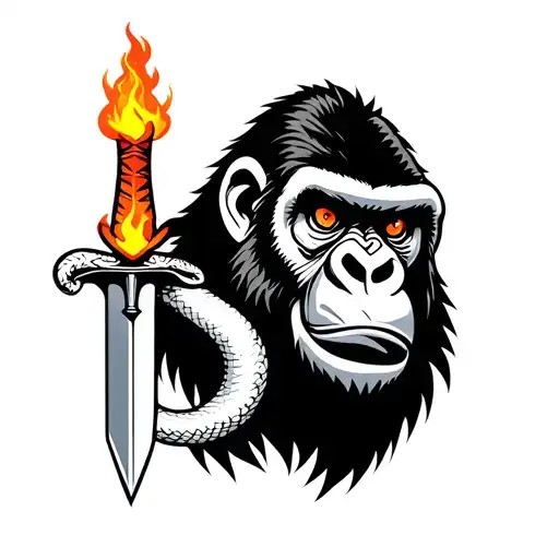 Gorilla With Flame Eyes And A Snake In Mouth With A Dagger Piercing