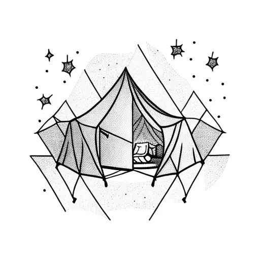 A Blackwork Tattoo Of A Tent Under A Starry Night Sky With The Word 'Adventure'