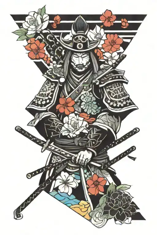 Black And White Samurai With Colorful Cherry Petals
