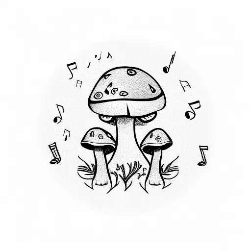 Mushrooms Growing On An Ekg Line Under Fairy Lights With Music Notes In The Air